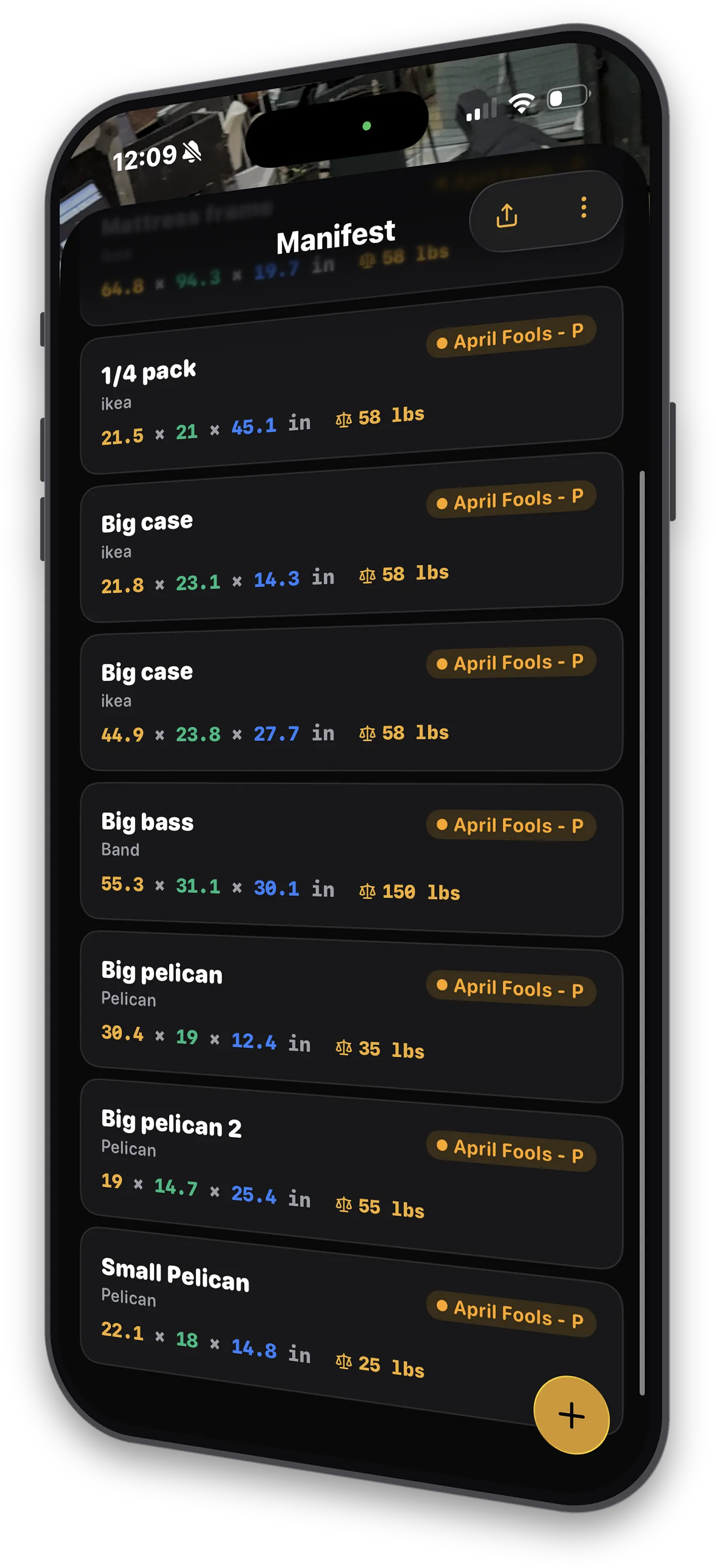 Cargo Measure AR manifest listing measured cases with dimensions and weights