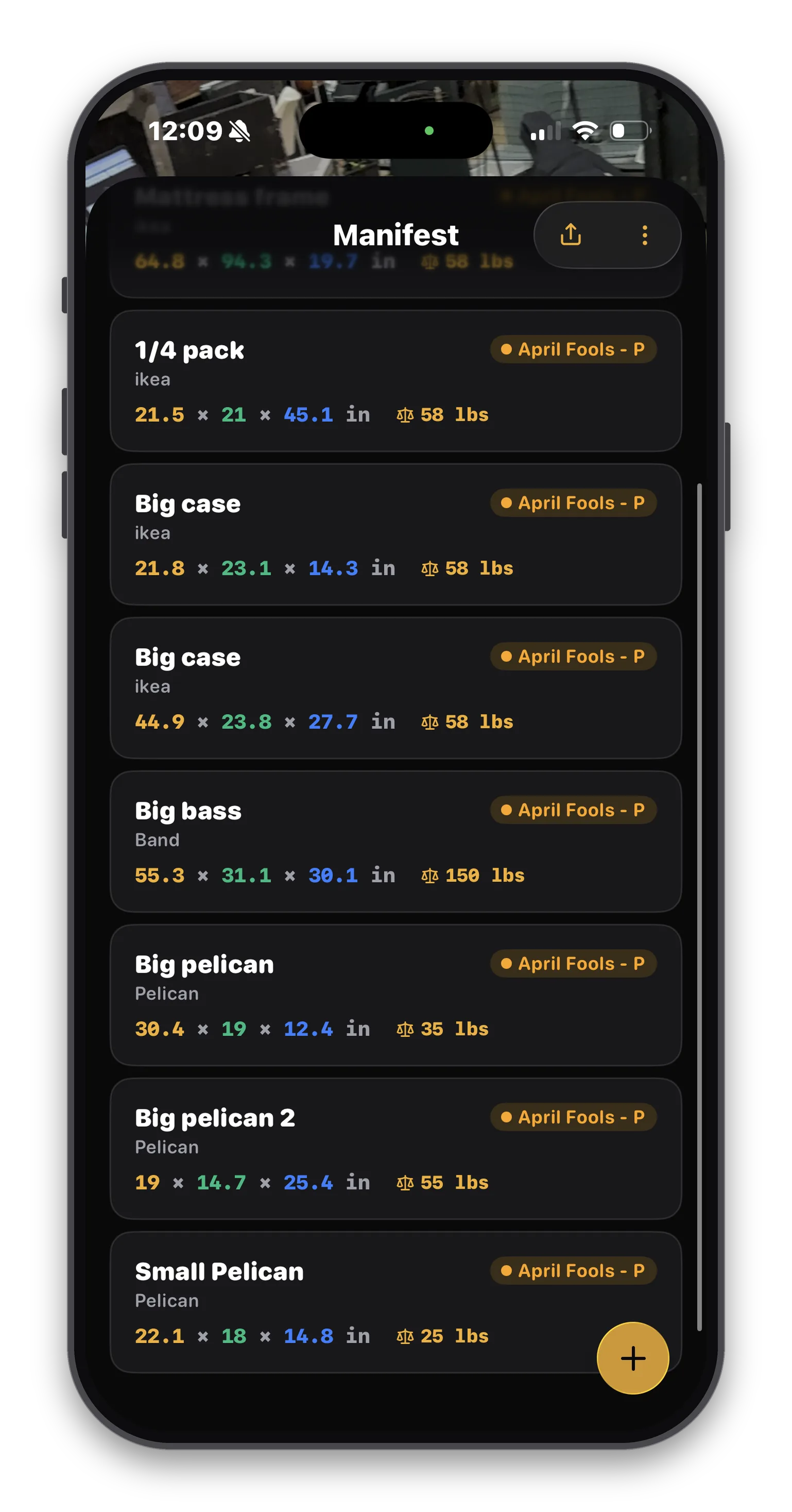 Cargo Measure AR manifest listing measured road cases with dimensions and weights