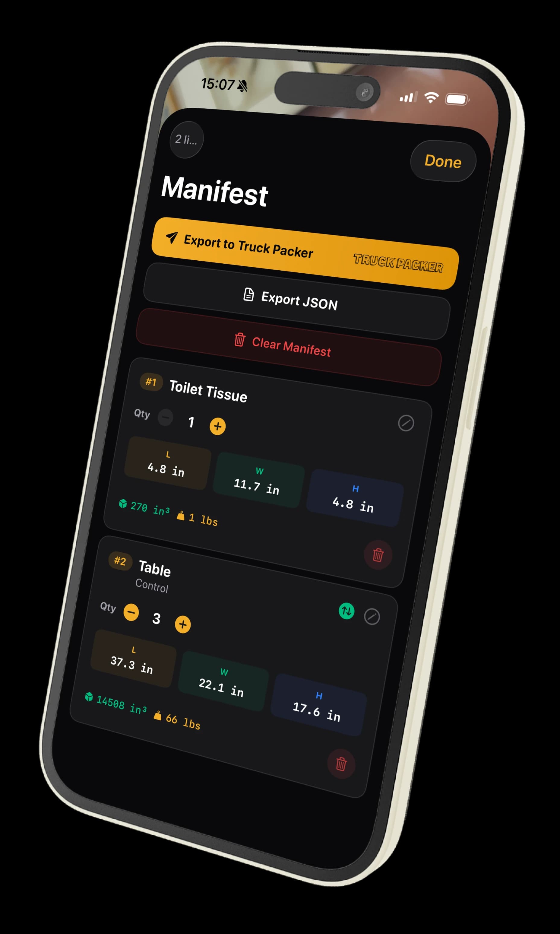 Cargo Measure AR manifest view with measured items