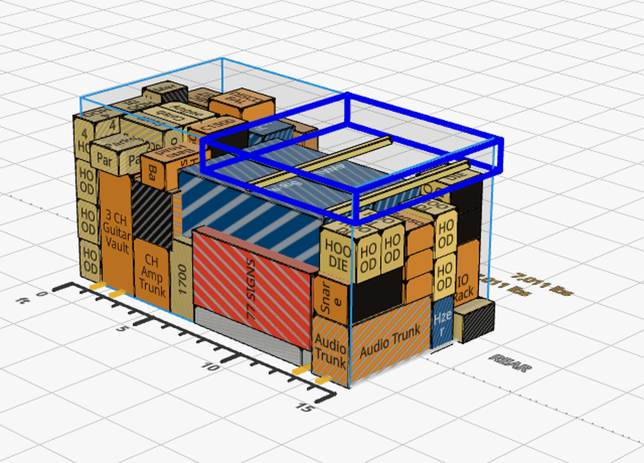 Truck Packer 3D view of a 15 foot bus trailer packed with 59 named road cases