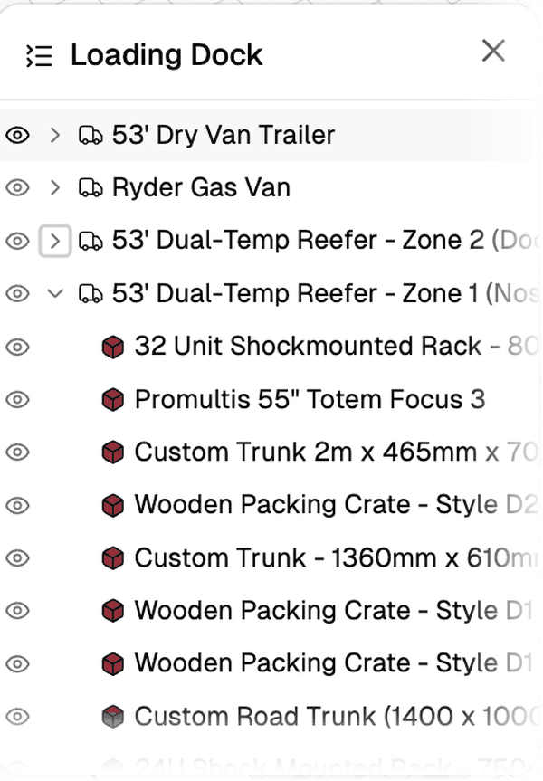 The Truck Packer loading dock inspector listing every container in the pack with the cases loaded into each one