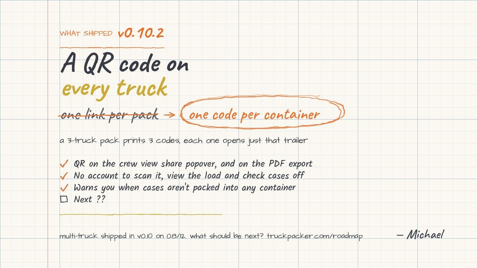 One QR Code Per Truck: What Shipped in Truck Packer v0.10.2