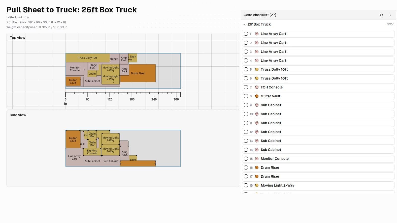 Crew View of the example pack in a 26 foot box truck, with top and side views and the numbered case checklist
